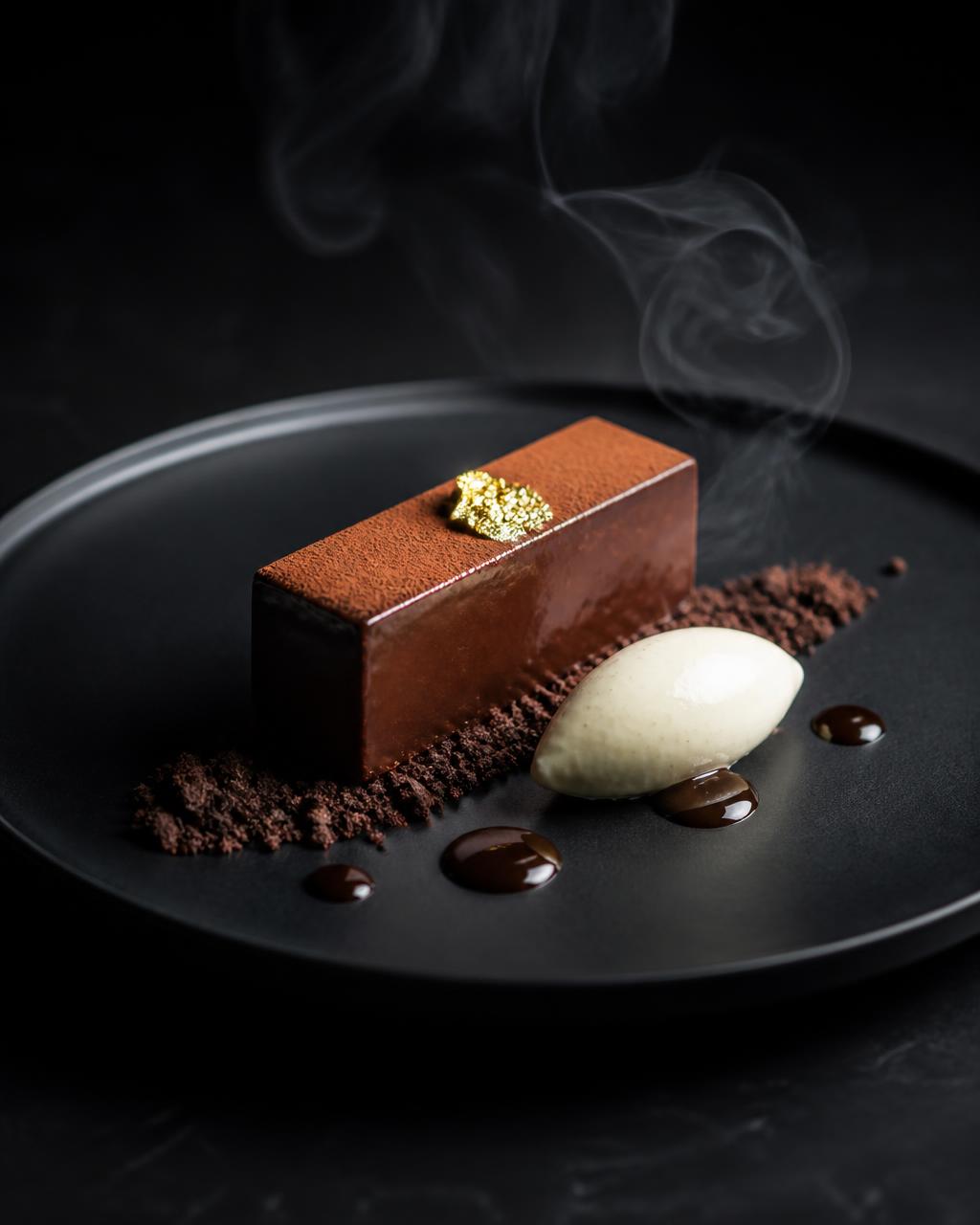 Deser fine dining na czarnym talerzu, spot light, michelin style